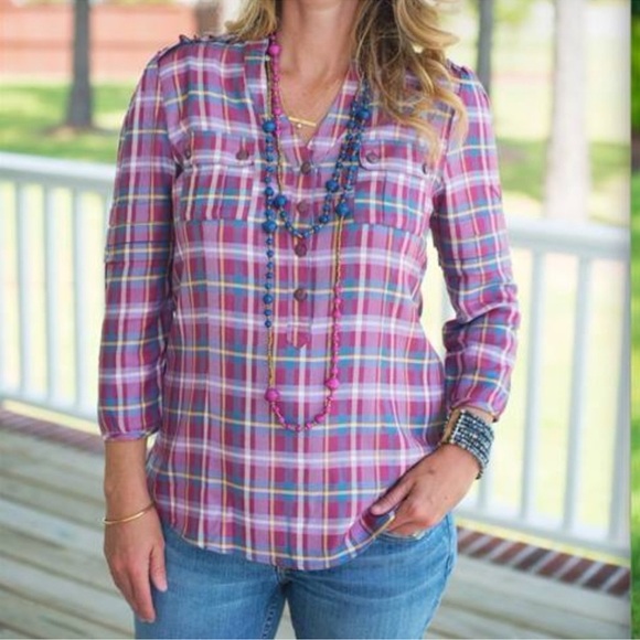 Matilda Jane All Day Millie Madras Plaid Split Neck 1/2 Button Shirt XXL Purple - Picture 1 of 6